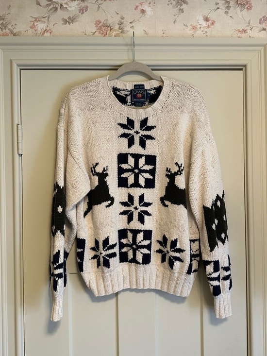 Chaps Ralph Lauren Sweaters - Vintage Chaps Ralph Lauren Hand-Knit Fair Isle Reindeer Sweater M Linen Cotton
